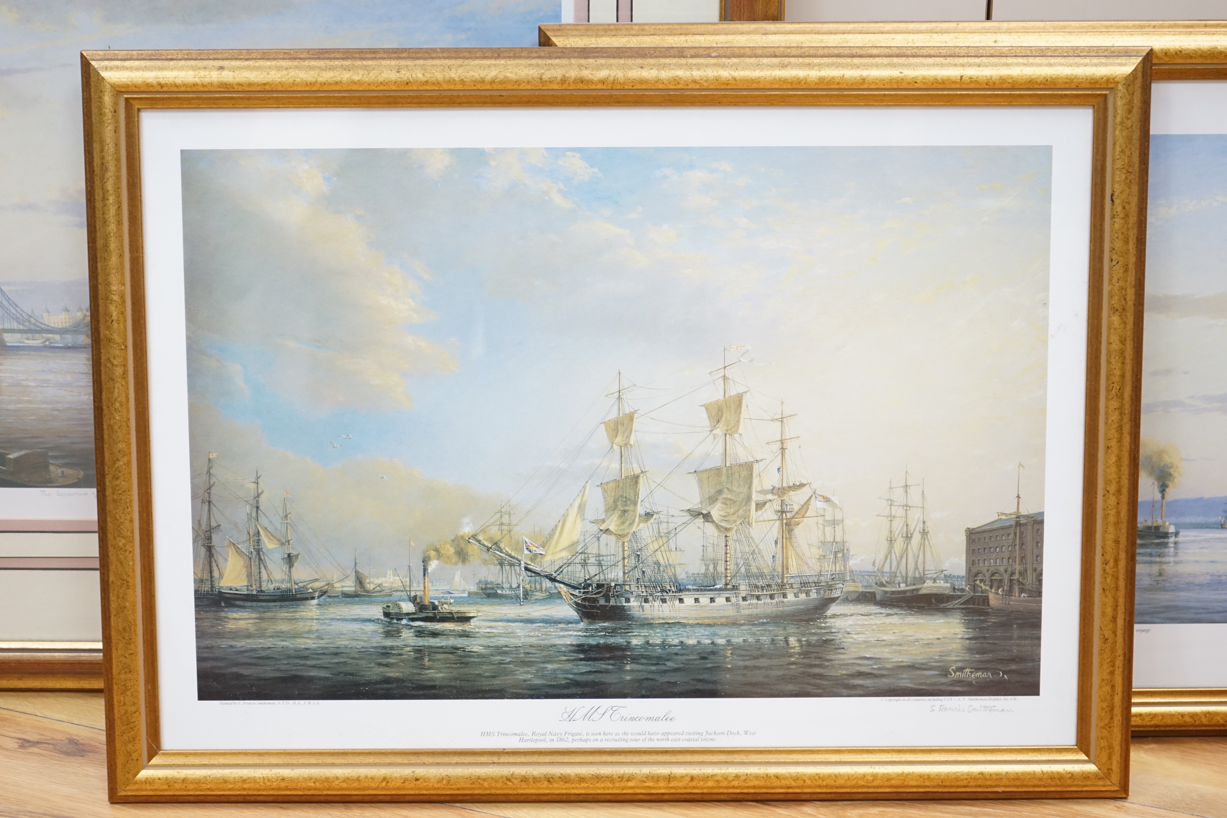 Stanley Francis Smitheman (1927-2016) set of four Marine interest prints, including 'Departure of Cutty Sark from Tower Bridge, London', signed in pencil, limited edition 350/475, largest 57 x 41cm